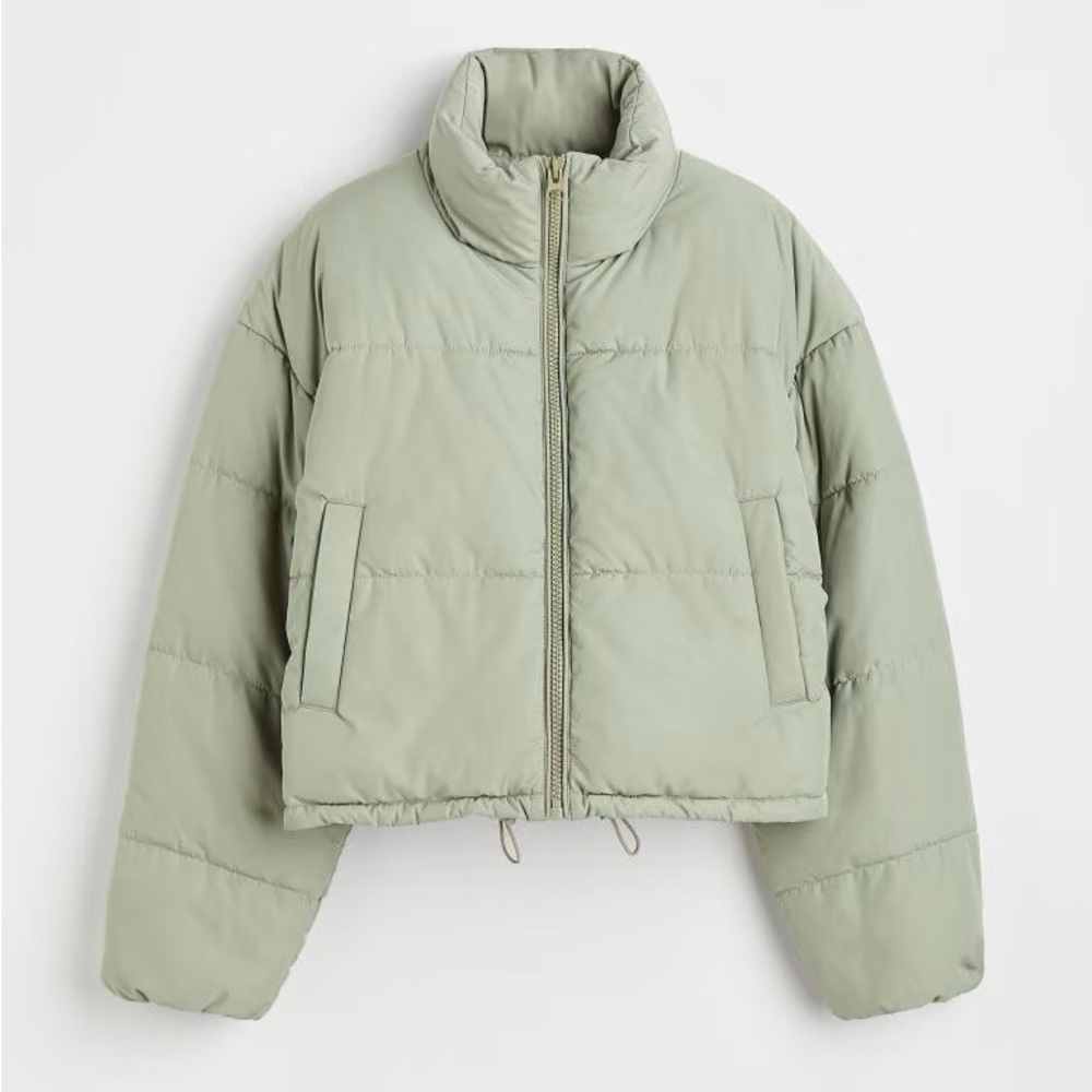 Cropped Green Puffer Jacket with High Collar and Relaxed Fit